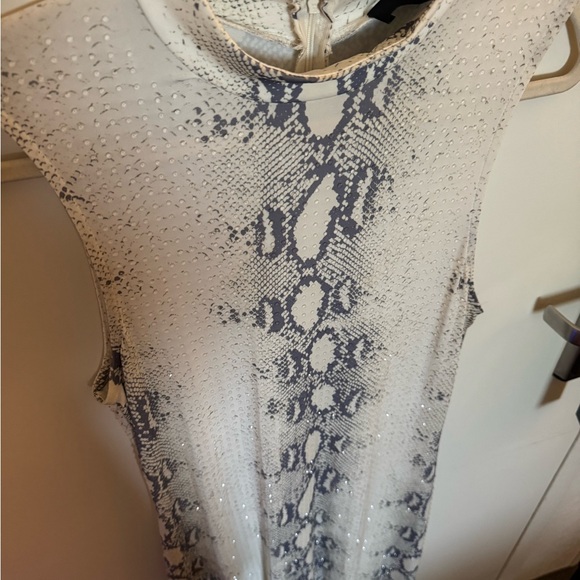 AKIRA Cream Snakeskin Clear Beaded Rhinestone High Neck Maxi Dress - Picture 9 of 12